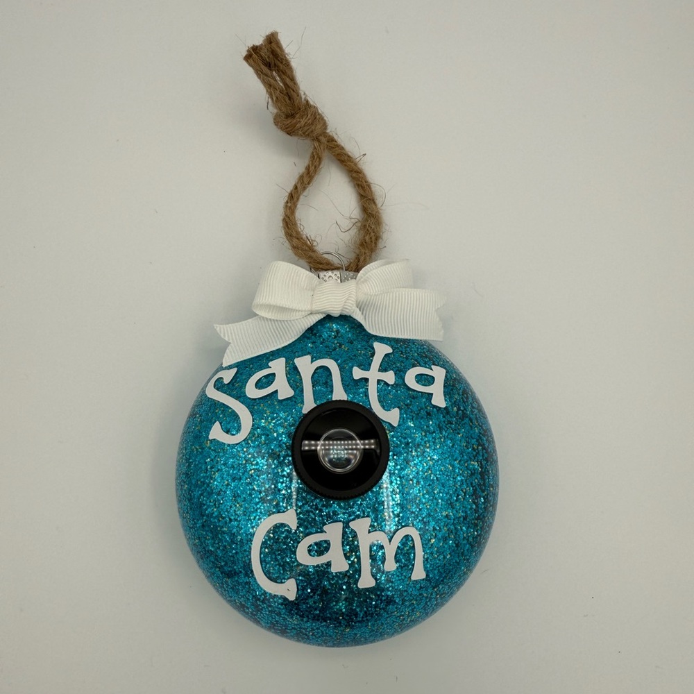 Handcrafted Blue Glitter Santa Cam Ornament